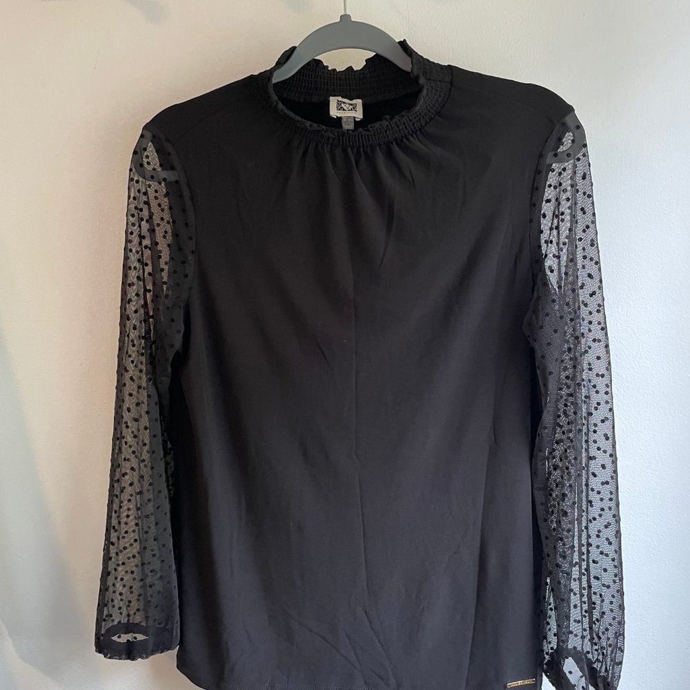 black polka dot mesh mockneck